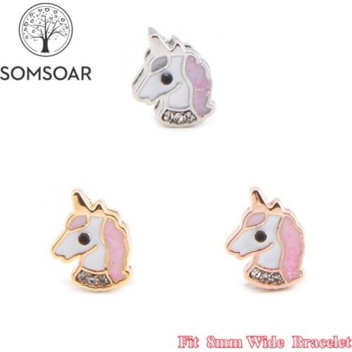 Somsoar Jewelry Cute unicorn oil drip Slide Charm fit 8mm Wide Leather Wrap Bracelet Mesh Bracelet as Toddler/Women 10pcs/lot