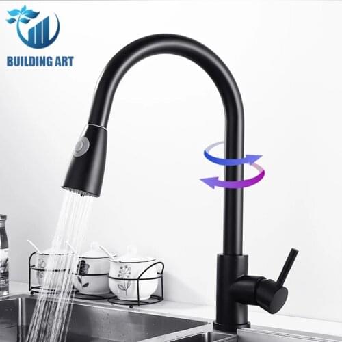 Pull Out Kitchen Faucet Deck Mount Sink Faucet Shower Column Mode Kitchen Faucet Hot Cold Mixer Crane Black Brushed Nickel Style