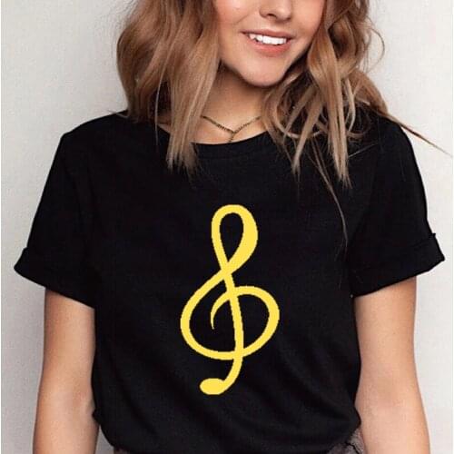 Funn Musical Note Graphic Print Tshirts Summer Black White Female Short Sleeve Femme Casual Loose Streetwear Tops Camiseta Mujer