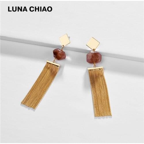 LUNA CHIAO Cooper Brass Snake Chain Fringed Tassel Drop Earring Natural Stone Statement Earrings for Women