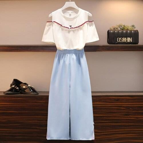 Fashion T shirt two piece set 2021 summer new embroidery top and elastic waist wide leg pants casual suit women clothing chic