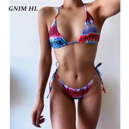 GNIM Sexy Bandage Micro Swimwear Women Thong Bikini Mujer 2020 Print Swim Bathing Suit Two Pieces Rhinestones Swimsuit Biquini