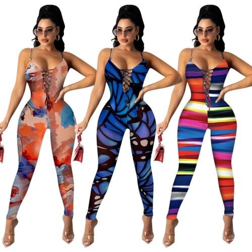 Echoine 2021 Women Summer Tie-Dye Print Bandage Jumpsuit Hollow Out Beachwear Sexy One Piece Night Club Party Rompers overalls
