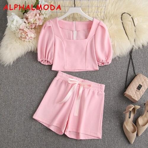 ALPHALMODA 2021 Summer Slim Fit Short-sleeved Cropped Top Outfit High Waist Sashes Shorts Women Chic 2pcs Lounge Wear Suits