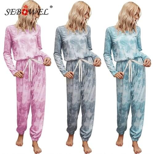 SEBOWEL Casual Womens Long Sleeve Fashion Tie Dye Print Drawstring Jumpsuit Autumn One Piece Rompers Female Home Clothes