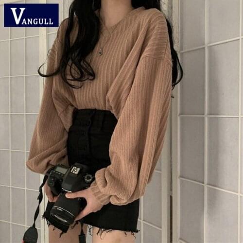 Vangull Solid V-Neck Knitted Pullovers Women Spring Autumn New Casual Thin Sweater Long Sleeve Retro Loose Fashion Ladies Tops