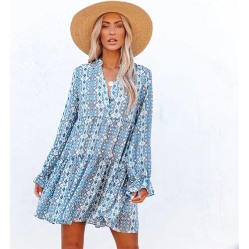 Women Elegant Flare Sleeve Boho Mini Dress Summer Loose Casual V Neck A-line Lady Dress Vintage Plus Size 3XL Dresses Femme 2021