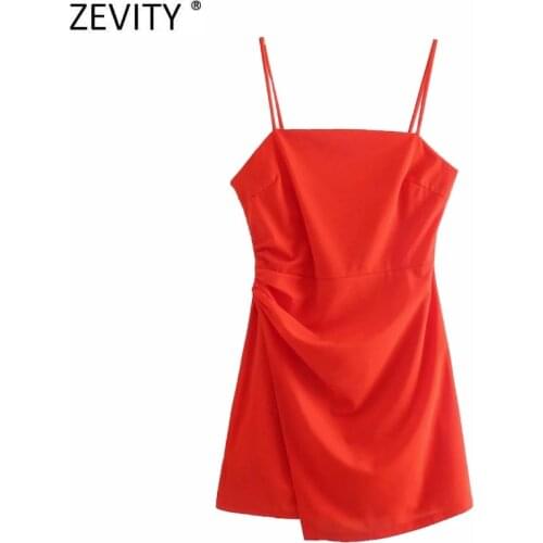 Zevity New Women Elegant Solid Side Pleats Sling Mini Dress Female Chic Spaghetti Strap Back Zipper Summer Party Vestidos DS8798