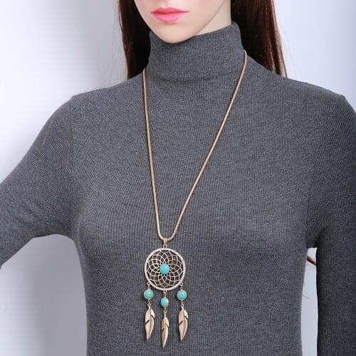 Vintage Dream Catcher Natural Stone Pendant Necklace For Women Gold Feather Crystal Long Sweater Chain Necklace Collier femme