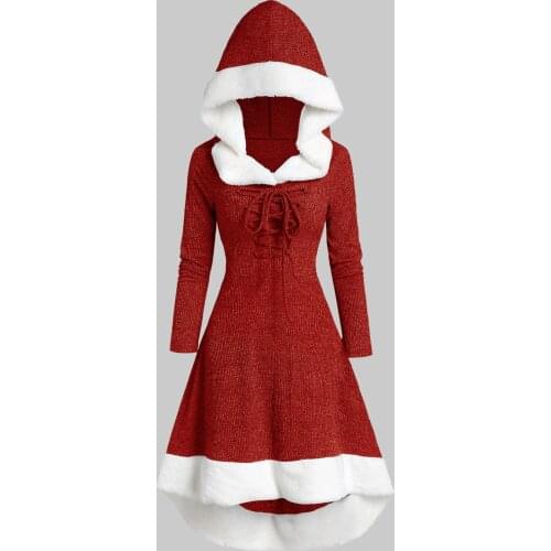 Wipalo Plus Size Lace Up Hooded Marled Faux Fur Panel Dress Autumn Long Sleeve Casual Women Dress Fashion Vestidos Robe Femme