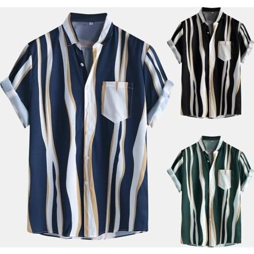 2021 Mens Shirts Summer Short Sleeve Button Turn-Down Collar Shirt Daily Casual Stripe Printed Pocket Shirt Camisa Masculina