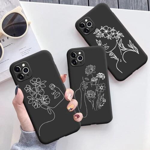 Funny Abstract Girl Line Phone Case For iphone 12 11 13 Pro Max Mini X XR XSMax 6 7 8 Plus SE 2020 Art Sketch Flower Black Cover