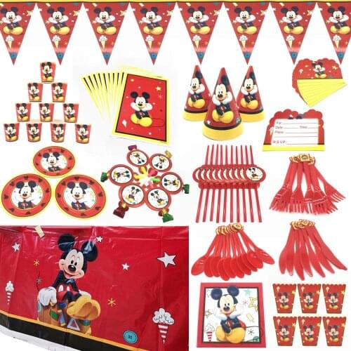 Baby Mickey Mouse Party Supplies Plate Cup Gift Bags Banner Flags Red Mickey Decoration Party Birthday Invitations Mask Balloons