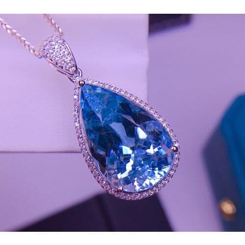 E623 Fine Jewelry Real Pure 18K Gold Jewelry AU750 Natural Aquamarine 13.5ct Pendants for Women Fine Necklace