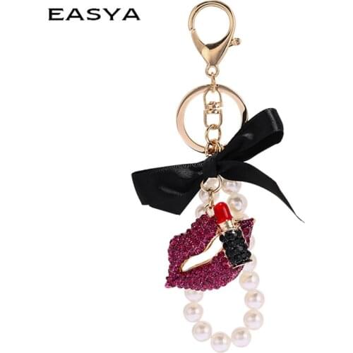 EASYA Creative Rhinestone lips Set Heart-shaped Lipstick keychain Creative Small Gifts Ladies Women Bags Keychain Ornaments