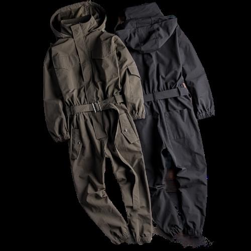 Hip Hop Women Mens Long Sleeve Bib Overalls With Hooded Jackets For Male Hiphop Work Suit Streetwear Loose Boyfriend Jumpsuit