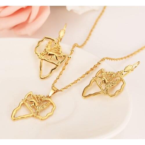Ethiopian Africa Map lion Jewelry sets Fine Gold GF Jewelry Sets Statement Necklace Earrings Pendant African Wedding party gifts