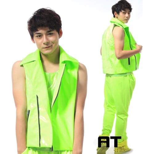 Summer Male Stage Costume Fluorescent Green Vest Singer Clothes Nightclub GOGO DJ DS Performance Outfit Men Top Street Wear 2074