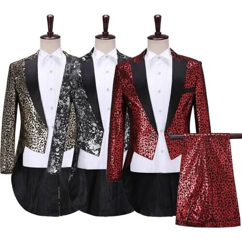 Leopard Mens Swallowtail Suit (Jacket+Pants) Slim Fit Tuxedo Tail Coat Suit Men Party Magic Show Concert Dance Costume DT1813