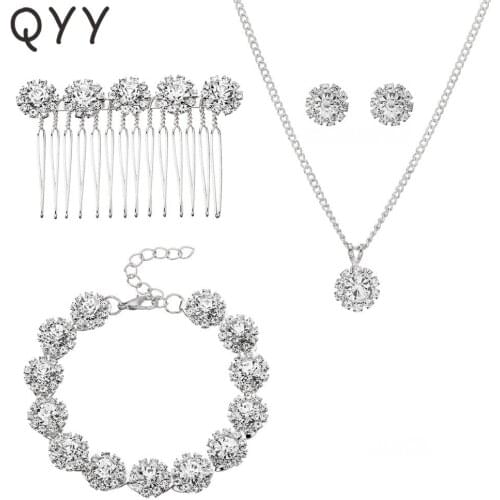 QYY Newest Fashion Bridal Jewelry Sets Austrian Crystal Bracelets Earrings Necklaces Hair Comb Headpieces Wedding Jewelry Set