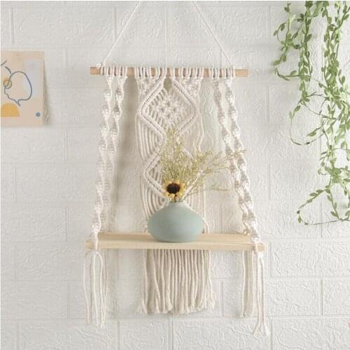 30X50CM 1-Tier Macrame Wall Hanging Shelf With Enhanced Solid Wood Bohemian Decor Indoor Planter for Bathroom