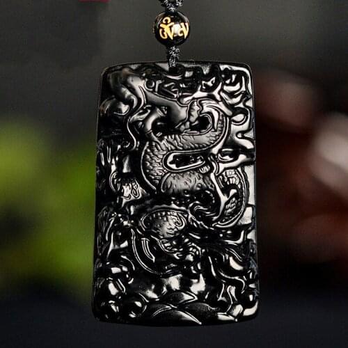 Natural Black Obsidian Dragon Jade Pendant Necklace Hand-Carved Chinese Fashion Jewelry Charm Amulet Accessories for Men Gifts