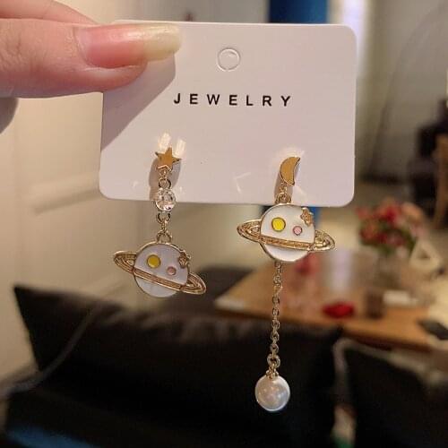 Origin Summer Sweet Cute Asymmetric Planet Dangle Earring for Women Moon Star Imitation Pearl Tassel Earring Jewelry Pendientes