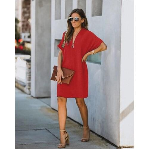 Women Casual Loose Dresses V Neck Mini Dress For Women Retro Short Sleeve Summer Dress Red Basic Dress Femme Robes Plus Size