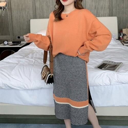 Casual suit temperament fashion two-piece autumn new long-sleeved loose round neck sweater split fork skirt elegant 2 sets