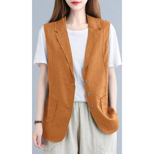 Womens Vest Jackets New 2021 Korean Style Vintage V-Neck Single Breasted Cardigan Loose Casual Female Cotton Linen Waistcoat