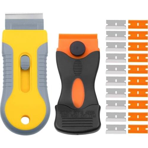 2 plastic scrapers, glass hob cleaning tool, window scraper, with 20 metal and plastic blades for cleaning labels and stickers