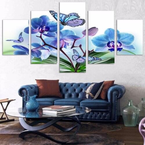 5 Panel Blue Orchid Flower Framework Canvas Painting Wall Art Abstract Decorative Modular Pictures For Living Room Bedroom