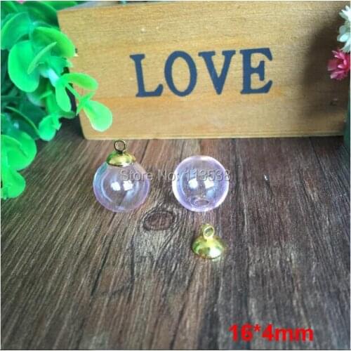 Free shipping 20sets per lot 16mm Pink glass globe orbs with 4mm hole and 8mm gold cap jewelry findings set Glass bottle vial