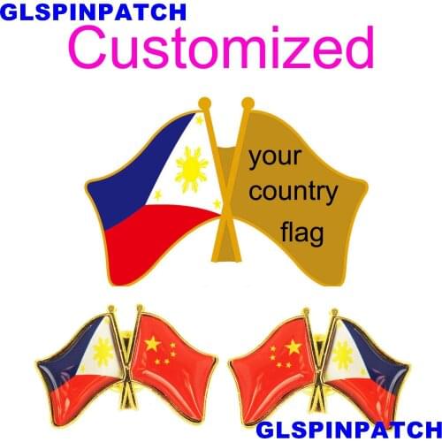 Philippines Crossed Friendship Flag Double Country lapel pin Brooch USA UK France Chile Russia Saudi Arabia Japan Spain Badge
