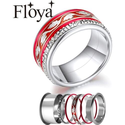 Floya Filled Stackable Rings Set For Women Red Enamel Leaf Base Accessories Multi Stainless Steel Band Wedding Ring Jewelry
