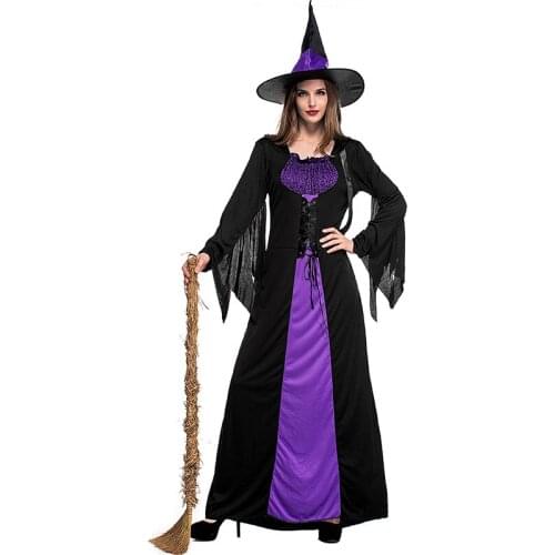 Halloween Witch Vampire Costumes for Women Adult Scary Purple Carnival Party Performance Drama Witch Costume with Hat Big Size