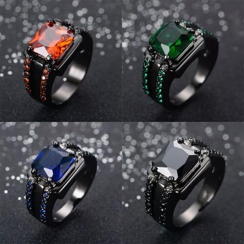 Luxury Male Female Rainbow Crystal Jewelry Charm 14kt Black Gold Wedding Rings Punk Square Zircon Engagement Rings For Men Women