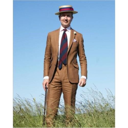 2018 Summer Brown Linen Suit Men Casual Groom Slim Fit 2 Piece Tuxedo Custom Wedding Suits Blazer Terno Masuclino Jacket+Pant