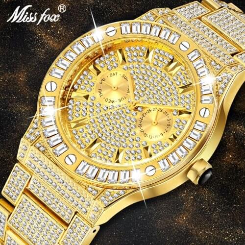 MISSFOX Top Brand Luxury Mens watches Gold Square Ddiamond Stainless Steel Quartz Men Watches Date Calendar Business Wristwatch