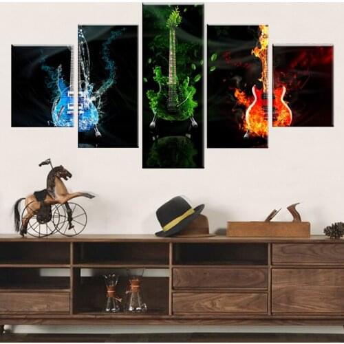 Canvas Print Wall Art Picture Music Abstract Painting 5 Pieces Water And Green Fire Guitar Poster Living Room Home Decor Frame