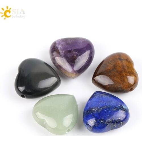 CSJA Natural Gem Stone Love Heart Pendants Lapis Lazuli Tiger Eye Clear Crystal Pink Quartz Opal Reiki Chakra DIY Jewellery E570