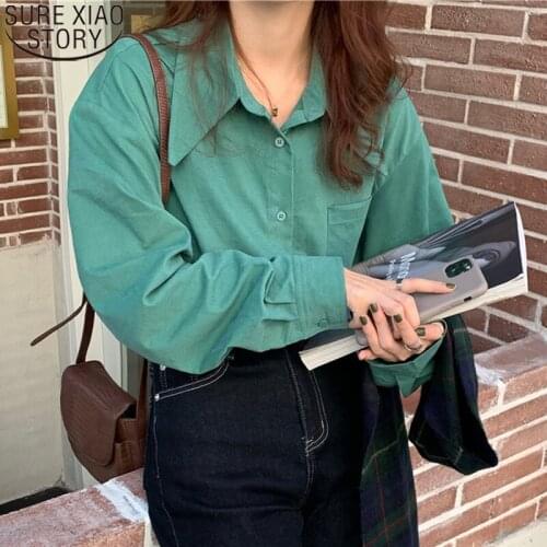 2021 Spring New Long Sleeve Tops Korean Fashion Women Shirt Casual Loose Solid Female Shirt Pocket Turn Down Collar Blusas 14044