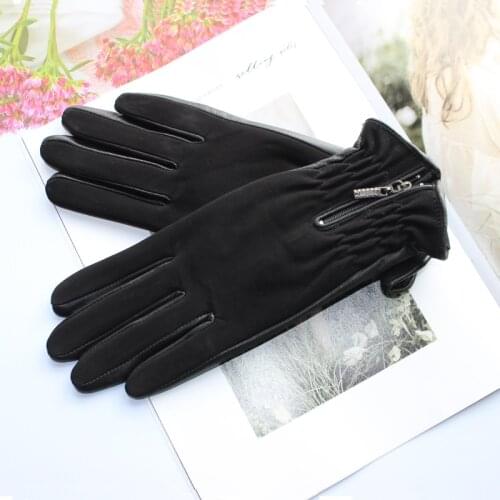 Bickmods 2020 Women New Winter Plus Velvet Lining Black Sheepskin Genuine Leather Half Suede Zipper Fashion Warm High-End Gloves