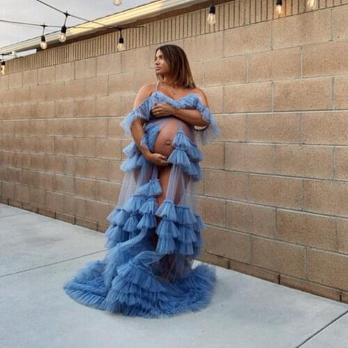 Sexy See Thru Blue Tiered Tulle Maternity Dress Front Split Ruffles Pregnancy Gowns To Photography Baby Shower Dresses Plus Size