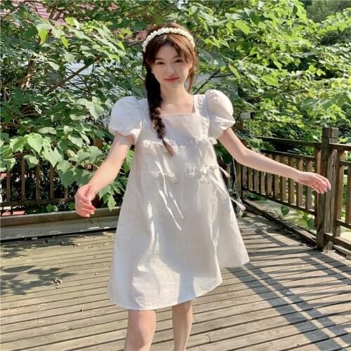 Dress French Square Collar White Short Sleeve Dress Women Summer New Korean Style High Waist Thin A-line Skirt