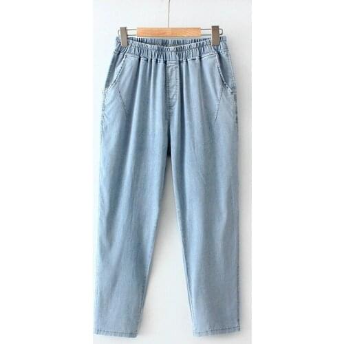 Plus Size XL-4XL Womens Spring Summer Jeans Casual Elastic Waist Slim Light Denim Pants with Pockets