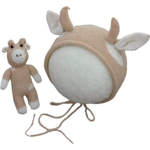 2 Pcs Baby Knitting Cow Hat Animal Doll Set Handmade Crochet Mohair Beanies Cap Newborn Photography Props Bonnet
