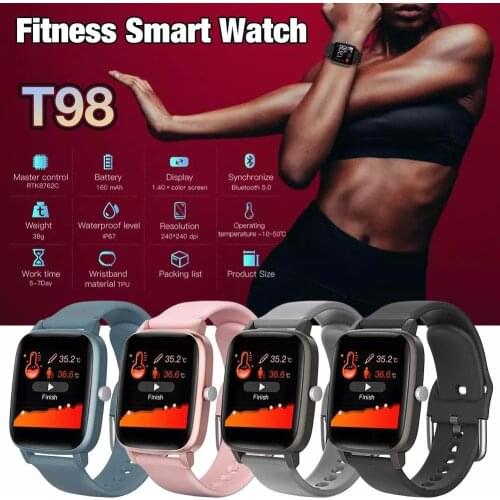 T98 Body Temperature Smartwatch IP67 Waterproof Bluetooth5.0 Pedometer Heart Rate Monitor Step Counter Smart Watch for men women