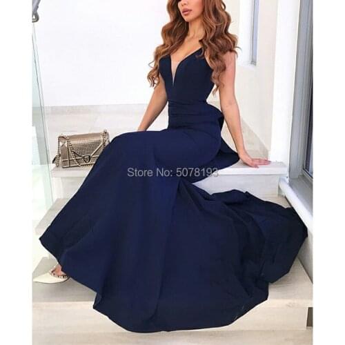 Navy V-neck natural mermaid/trumpet spandex open back evening dress/gowns free shipping