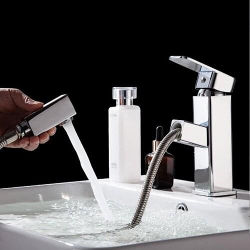 Pull-out Faucet, Bathroom Table, Single Hole Basin, Cold And Hot Water Faucet, Rotatable Shampoo Faucet